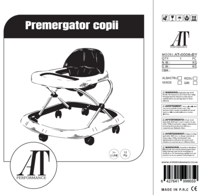 Premergator si Antemergator multifunctional, At Performance pliabil, inaltime ajustabila, suporta 50 Kg, cu roti de silicon, muzical, Albastru - Carucioare si sisteme transport bebe - atMag.ro