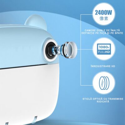 Aparat de Fotografiat AT PERFORMANCE®, pentru Copii, Functie Imprimare, Ecran IPS 2,4 inch, Lentile Duble Fata-Spate, Selfie, Video 1080P, 3 Jocuri, Difuzor, Rame Personalizate, Baterie 1200 mAh, 3 Role de Hartie, Snur, Culori, Cadou Craciun/Zi Nastere, Albastru. - Platforme foto-video - atMag.ro