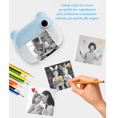 Aparat de Fotografiat AT PERFORMANCE®, pentru Copii, Functie Imprimare, Ecran IPS 2,4 inch, Lentile Duble Fata-Spate, Selfie, Video 1080P, 3 Jocuri, Difuzor, Rame Personalizate, Baterie 1200 mAh, 3 Role de Hartie, Snur, Culori, Cadou Craciun/Zi Nastere, Albastru. - Platforme foto-video - atMag.ro