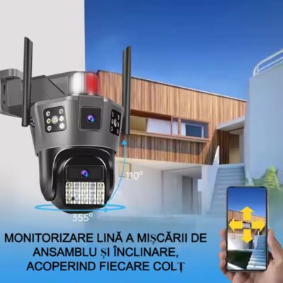 Camera de supraveghere dubla 5K, AT PERFORMANCE®, SIM, 9MP, PTZ, CCTV, exterior/interior, ultra HD, rotire 360, leduri, lumina, infrarosu, alarma, senzor miscare, comunicare bidirectionala. - Camere de supraveghere si accesorii - atMag.ro