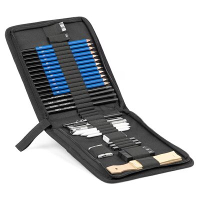 Set profesional de creioane grafit si carbune AT PERFORMANCE®- pentru schite si desen - 35 de piese, cu penar practic. - Centre de activitati bebelusi - atMag.ro