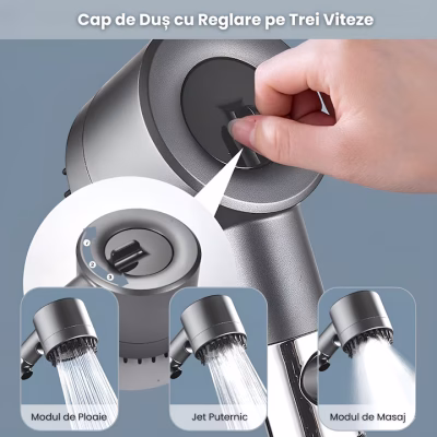 Para Tip Cap de Dus Premium 4 In 1 At Perfomance, Cu Peri din Silicon pentru Masaj, Buton Oprire-Pornire Jet, Cu 3 Moduri Diferite De Presiune si Economisire a Apei, Filtru Purificare Apa, Gri, Smart Gadgets - Casa, Gradina & Bricolaj - atMag.ro