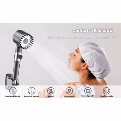 Para Tip Cap de Dus Premium 4 In 1 At Perfomance, Cu Peri din Silicon pentru Masaj, Buton Oprire-Pornire Jet, Cu 3 Moduri Diferite De Presiune si Economisire a Apei, Filtru Purificare Apa, Gri, Smart Gadgets - Casa, Gradina & Bricolaj - atMag.ro