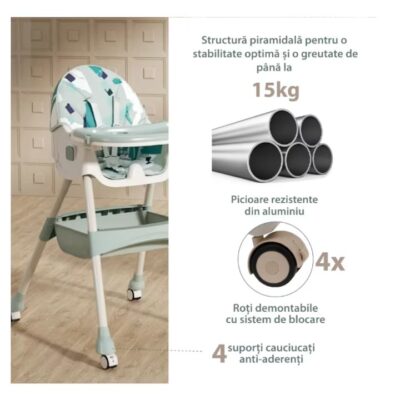 Scaun de masa bebe, At Performance, Pliabil, Inaltime ajustabila 5 pozitii, 4 roti, Structura otel, gri. - Camera copilului - atMag.ro