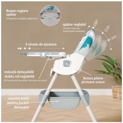 Scaun de masa bebe, At Performance, Pliabil, Inaltime ajustabila 5 pozitii, 4 roti, Structura otel, gri. - Camera copilului - atMag.ro
