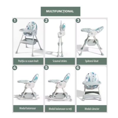 Scaun de masa bebe, At Performance, Pliabil, Inaltime ajustabila 5 pozitii, 4 roti, Structura otel, gri. - Camera copilului - atMag.ro