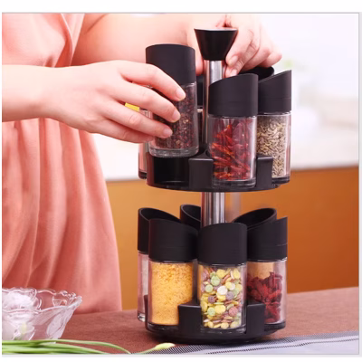 Set 12 Recipiente pentru Condimente AT PERFORMANCE®, cu Suport Rotativ pe 2 Etaje, cu Maner, Negru - Bucatarie si Servire - atMag.ro