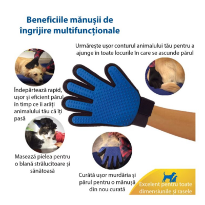 Manusa-perie de ingrijire caini, pisici si alte animale de companie, At Performance, pentru mana dreapta, Albastru cu negru - Petshop - atMag.ro