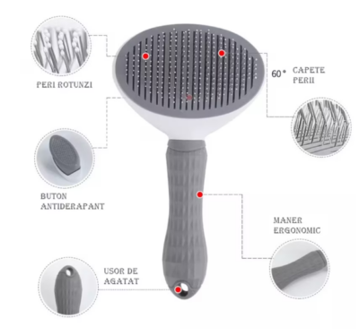 Perie animale pentru curatarea si ingrijirea parului, cu buton auto-curatare, pisici, caini, iepuri, gri - Petshop - atMag.ro