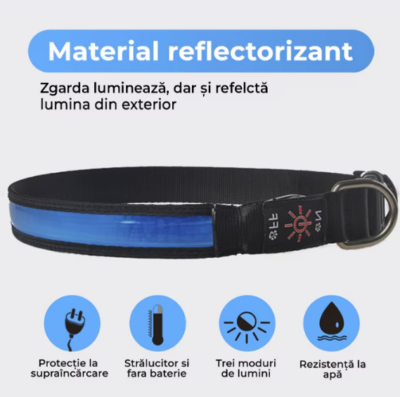 Zgarda Pentru caini, At Performance, cu Banda LED Albastru, Cusatura Reflectorizanta cu 3 Moduri de Iluminare, Marime S, Acumulator, Incarcare USB, Negru/Albastru - Petshop - atMag.ro