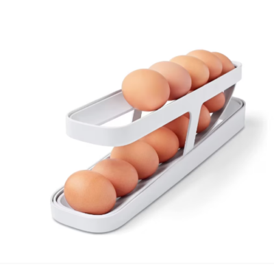 Suport organizator oua pentru frigider, AT PERFORMANCE®, cu rulare automata, depozitare 12-14, Transparent, Alb - Cutii alimentare - atMag.ro