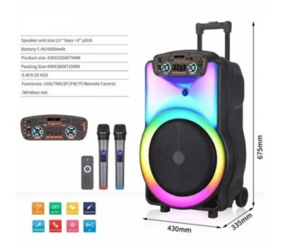 Boxa portabila Audio Kolav 1502, Functie Bluetooth, SD Card, USB, 300w, Jocuri de lumini, Control Volum/Bass/Treble, Negru - Boxe portabile - atMag.ro