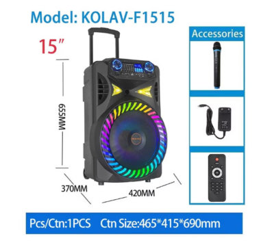 Boxa portabila 15 Inch, Bluetooth Kolav - F1515, Tip troler, USB, Radio FM, Microfon, Telecomanda, joc de lumin RGB, 300w, Maner Transport - Boxe portabile - atMag.ro