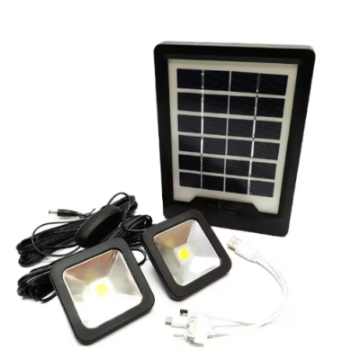 Kit Panou Solar 2 Becuri LED, Slot USB, Baterie Litiu 5000 mAH, Incarcare 8 h, Autonomie 15 h, Rezistent la Intemperii, DC 5V, Negru - Articole solare camping - atMag.ro
