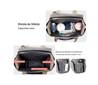Rucsac 3-in-1 pentru bebelusi, cu spatiu pentru schimbat scutece pliabil integrat, At Performance, impermeabila, 39x30x18cm, Gri - Genti bebelusi - atMag.ro
