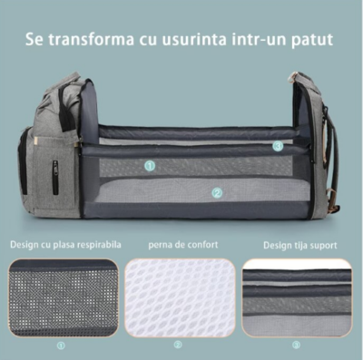 Rucsac 3-in-1 pentru bebelusi, cu spatiu pentru schimbat scutece pliabil integrat, At Performance, impermeabila, 39x30x18cm, Gri - Genti bebelusi - atMag.ro