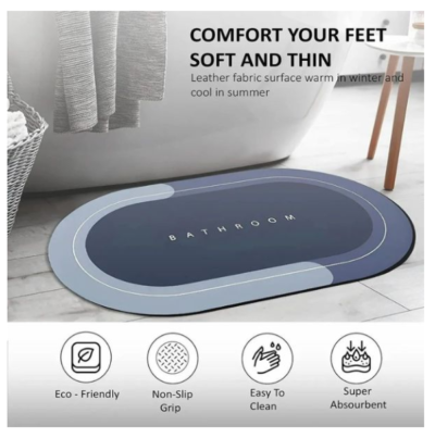Covor de baie antiderapant, Substrat absorbant si uscare rapida, Usor de curatat, Oval, Dimensiuni 60 x 40 cm, Calitate Premium, Albastru - Covorase baie - atMag.ro