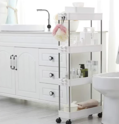 Suport Depozitare cu 4 rafturi si roti, At Performance, pentru baie, bucatarie, camera, hol, 87 x 40 x 13 cm, 4 carlige, Alb - Mobila Hol - atMag.ro