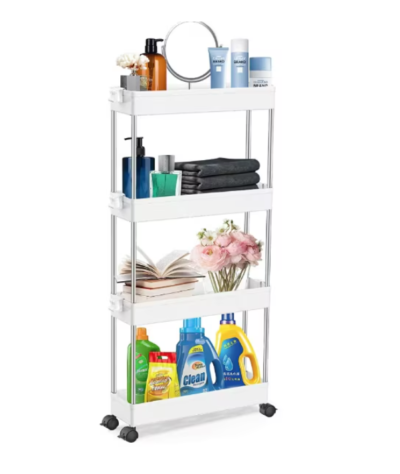 Suport Depozitare cu 4 rafturi si roti, At Performance, pentru baie, bucatarie, camera, hol, 87 x 40 x 13 cm, 4 carlige, Alb - Mobila Hol - atMag.ro