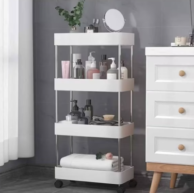 Suport Depozitare cu 4 rafturi si roti, At Performance, pentru baie, bucatarie, camera, hol, 87 x 40 x 13 cm, 4 carlige, Alb - Mobila Hol - atMag.ro