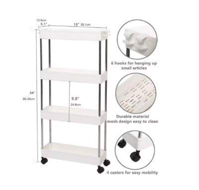 Suport Depozitare cu 4 rafturi si roti, At Performance, pentru baie, bucatarie, camera, hol, 87 x 40 x 13 cm, 4 carlige, Alb - Mobila Hol - atMag.ro