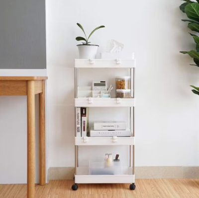 Suport Depozitare cu 4 rafturi si roti, At Performance, pentru baie, bucatarie, camera, hol, 87 x 40 x 13 cm, 4 carlige, Alb - Mobila Hol - atMag.ro