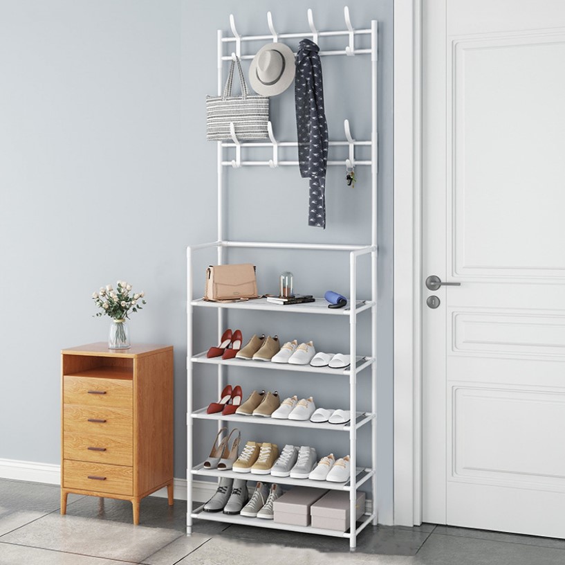 Cuier cu pantofar metalic cu 5 rafturi, 60 cm x 26 cm x 170 cm, alb - Cuiere - atMag.ro Cuier cu pantofar metalic cu 5 rafturi, 60 cm x 26 cm x 170 cm, alb - Cuiere - atMag.ro