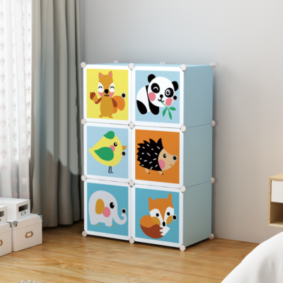 Dulap modular pentru copii, alb, AT PERFORMANCE®, 6 rafturi, durabil, 74X37X110 cm, animalute Zoo - Mobilier camera copii - atMag.ro