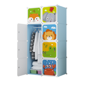 Dulap modular pentru copii, AT PERFORMANCE®, 8 rafturi, durabil, 76X37X147 cm, animalute, albastru - Mobilier camera copii - atMag.ro