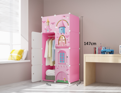 Dulap modular pentru copii, AT PERFORMANCE®, 8 rafturi, durabil, 76X37X147 cm, roz, castel printese - Mobilier camera copii - atMag.ro