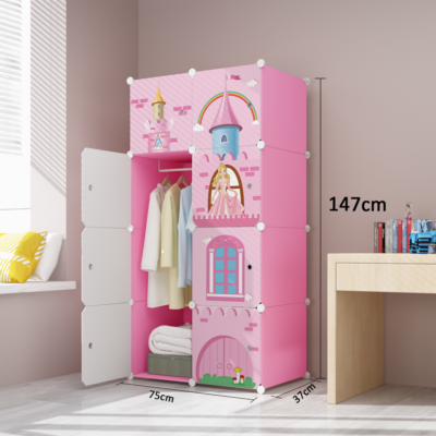 Dulap modular pentru copii, AT PERFORMANCE®, 8 rafturi, durabil, 76X37X147 cm, roz, castel printese - Mobilier camera copii - atMag.ro