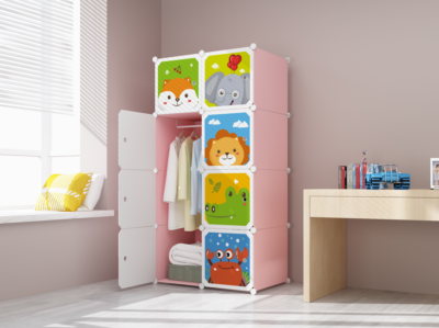 Dulap modular pentru copii, AT PERFORMANCE®, 8 rafturi, durabil, 76X37X147 cm, animalute, roz - Mobilier camera copii - atMag.ro