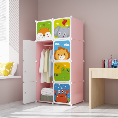 Dulap modular pentru copii, AT PERFORMANCE®, 8 rafturi, durabil, 76X37X147 cm, animalute, roz - Mobilier camera copii - atMag.ro