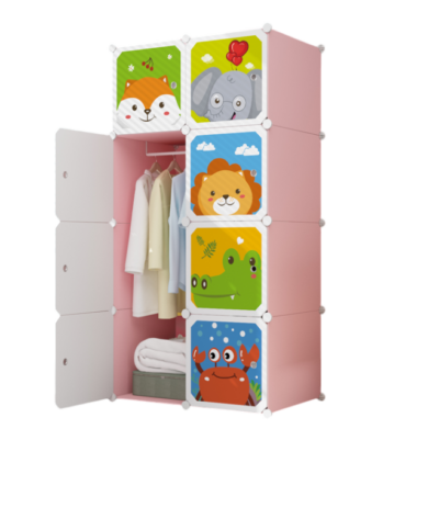 Dulap modular pentru copii, AT PERFORMANCE®, 8 rafturi, durabil, 76X37X147 cm, animalute, roz - Mobilier camera copii - atMag.ro