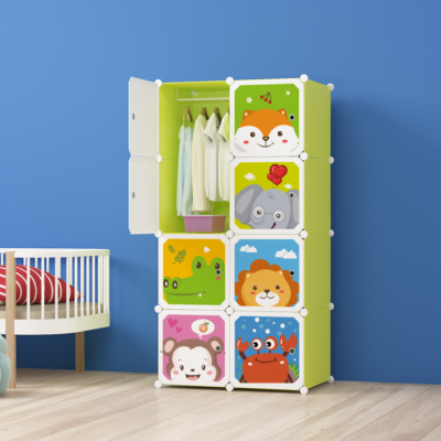 Dulap modular pentru copii, AT PERFORMANCE®, 8 rafturi, durabil, 76X37X147 cm, animalute, verde - Mobilier camera copii - atMag.ro