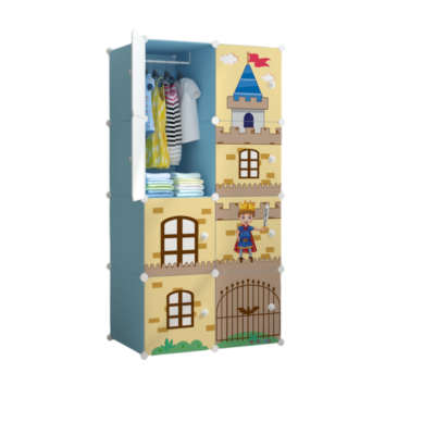 Dulap modular pentru copii, AT PERFORMANCE®, 8 rafturi, durabil, 76X37X147 cm, albastru, castel, print - Mobilier camera copii - atMag.ro