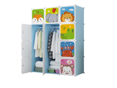 Dulap modular pentru copii, albastru, AT PERFORMANCE®, 12 rafturi, durabil, 76X37X147 cm, animalute zoo - Mobilier camera copii - atMag.ro