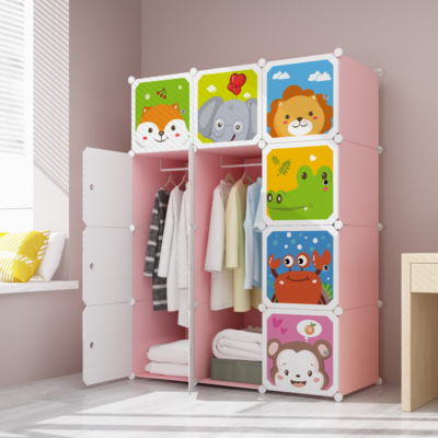 Dulap modular pentru copii, roz, AT PERFORMANCE®, 12 rafturi, durabil, 76X37X147 cm, animalute zoo - Mobilier camera copii - atMag.ro