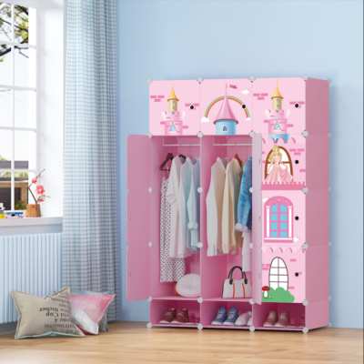 Dulap modular pentru copii, roz, AT PERFORMANCE®, 15 rafturi, durabil, 110X47X163 cm, castel printese - Mobilier camera copii - atMag.ro