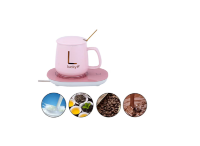 Set cana din ceramica cu plita-incarcator wireless priza,AT PERFORMANCE, 220v, lingurita, termostatica, 400ml, Roz - Accesorii si piese aparate cafea - atMag.ro