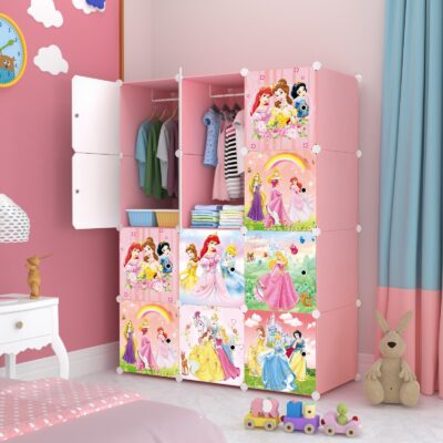 Dulap modular pentru copii, roz, AT PERFORMANCE®, 12 rafturi, durabil, 110 x 37 x 147 cm, printese - Mobilier camera copii - atMag.ro