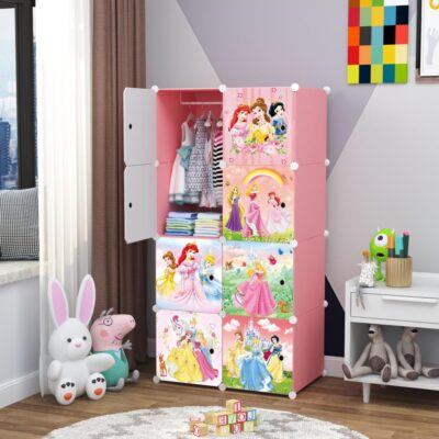 Dulap modular pentru copii, roz, AT PERFORMANCE®, 8 rafturi, durabil, 74X37X110 cm, castel printese - Mobilier camera copii - atMag.ro