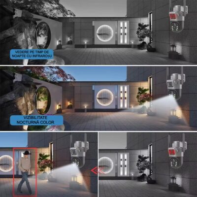 Camera de supraveghere dubla WIFI, AT PERFORMANCE®, 5MP, exterior, Ultra HD, 8X zoom, rotire, leduri lumina, comunicare bidirectionala, alarma, senzor miscare, Negru - Camere de supraveghere si accesorii - atMag.ro