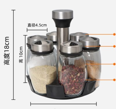 Set de 6 Recipiente pentru Condimente AT PERFORMANCE®, Suport din Plastic, Rotativ, Recipiente din Sticla, Negru/Transparent. - Rasnite si dozatoare condimente - atMag.ro