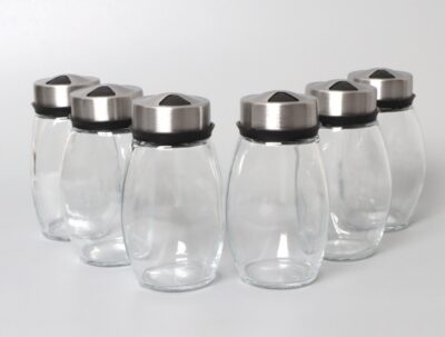 Set de 6 Recipiente pentru Condimente AT PERFORMANCE®, Suport din Plastic, Rotativ, Recipiente din Sticla, Negru/Transparent. - Rasnite si dozatoare condimente - atMag.ro