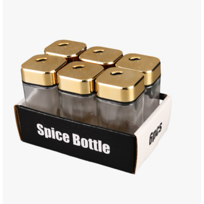 Set 6 Recipiente pentru condimente din sticla, At Perfomance, capac de inox, auriu, 10 x 4.5 x 4.5 cm - Rasnite si dozatoare condimente - atMag.ro
