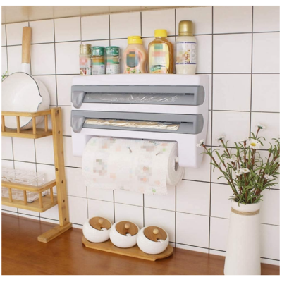 Dozator de Folie Aluminiu, Folie Plastic si Prosoape Hartie, At Performance, 3 in 1, Cutite Incluse si Kit Montaj Perete, 39 x 24 x 10 cm, Alb-gri - Suporturi servetele - atMag.ro