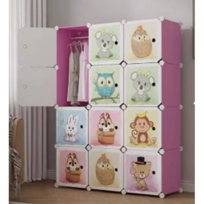 Dulap modular pentru copii, AT PERFORMANCE®, 12 rafturi, durabil, 76X37X147 cm, roz, animale - Mobilier camera copii - atMag.ro