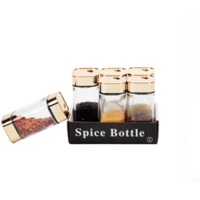 Set 6 Recipiente pentru condimente din sticla, At Perfomance, capac de inox, auriu, 10 x 4.5 x 4.5 cm - Rasnite si dozatoare condimente - atMag.ro