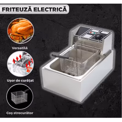 Friteuza Electrica Comerciala RAF R5220, AT PERFORMANCE®, un rezervor, usor de curatat, cos auto-strecurabil, blat din otel inoxidabil, capac pentru prevenirea stropirii, capacitate 5L, gri - Friteuze - atMag.ro